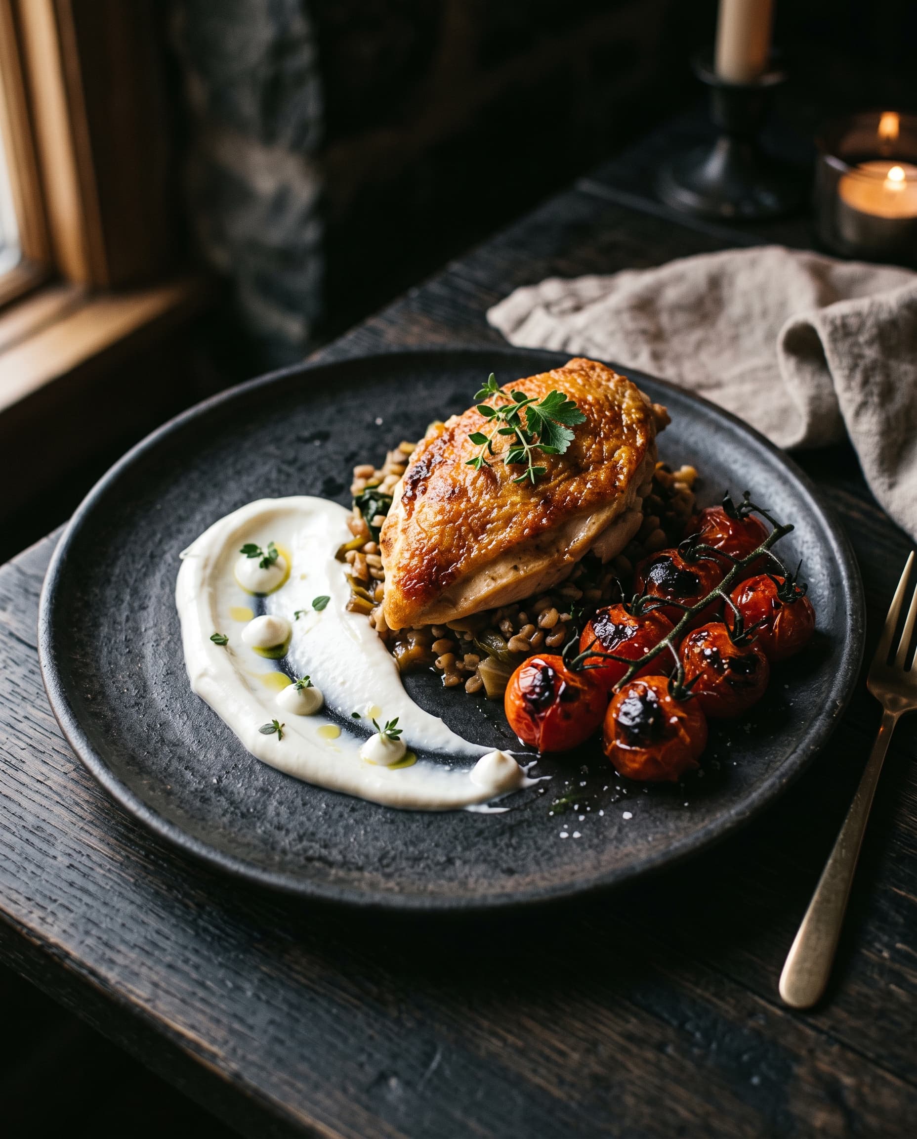 Chicken supreme with smoked yogurt and charred tomato