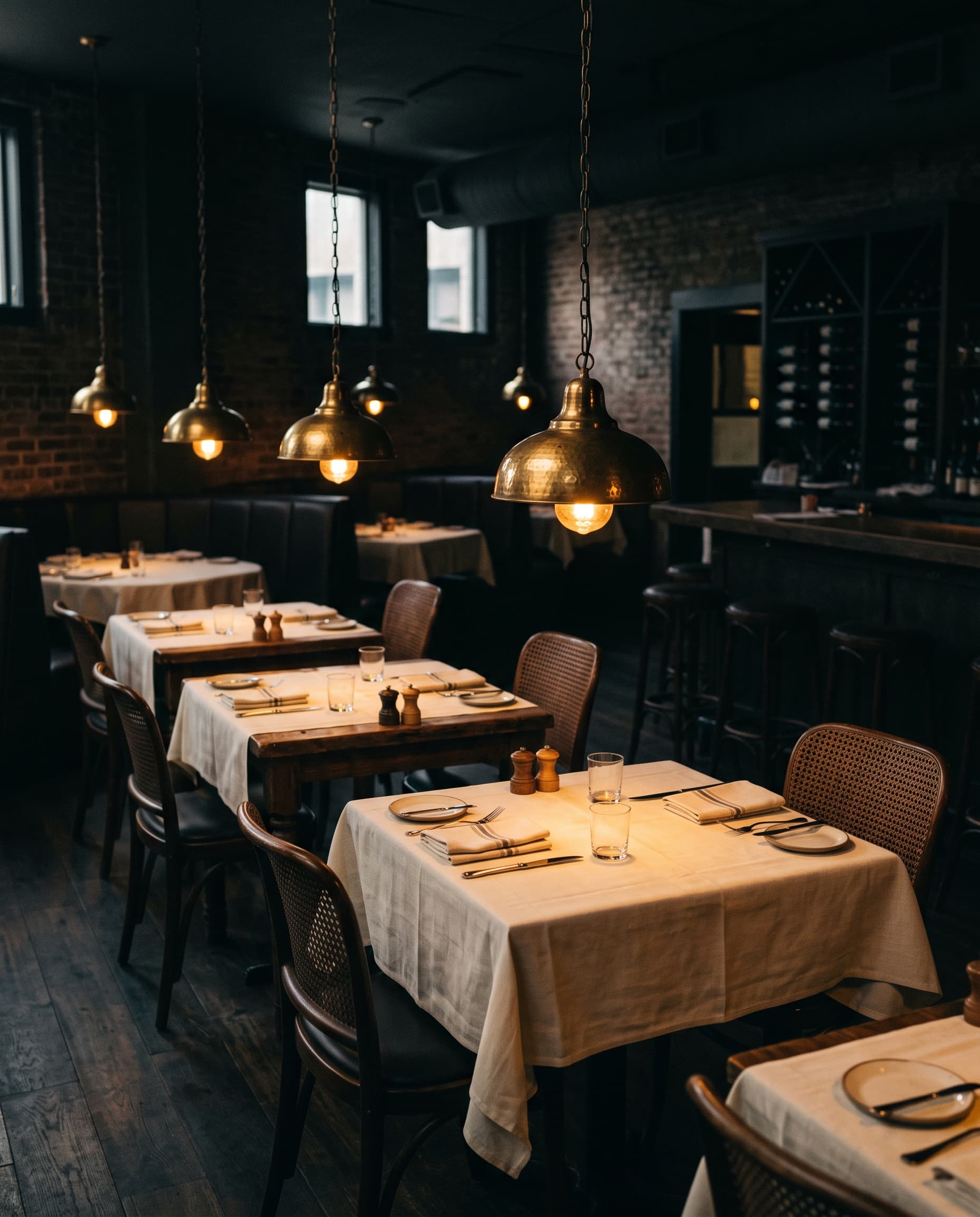 Brass pendant lamps glowing low over tables dressed in ivory linen