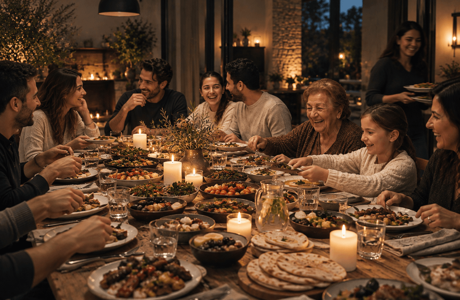 A long table in Le Salon set for a family celebration