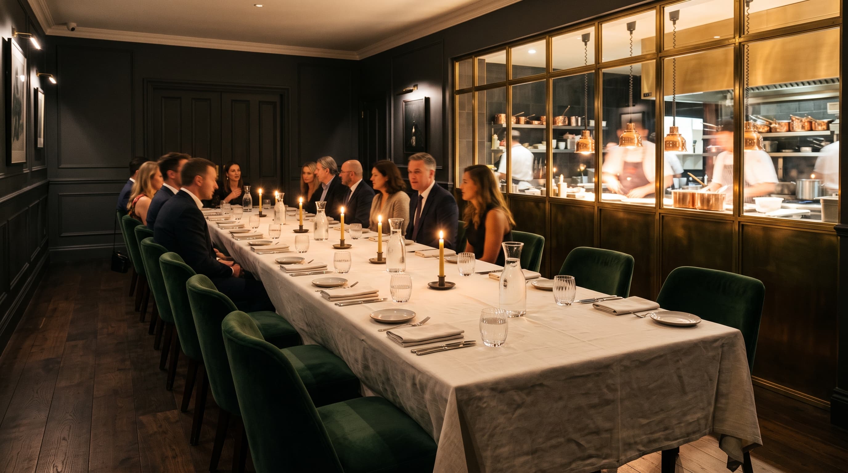 Le Salon, the private dining room, set with one long table beside the kitchen